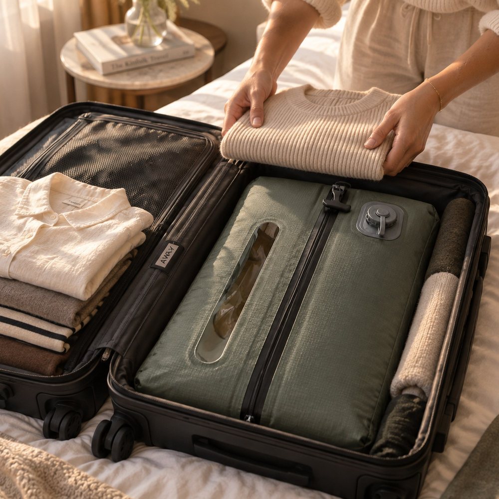 Clothes being packed into a compression bag inside a carry-on
