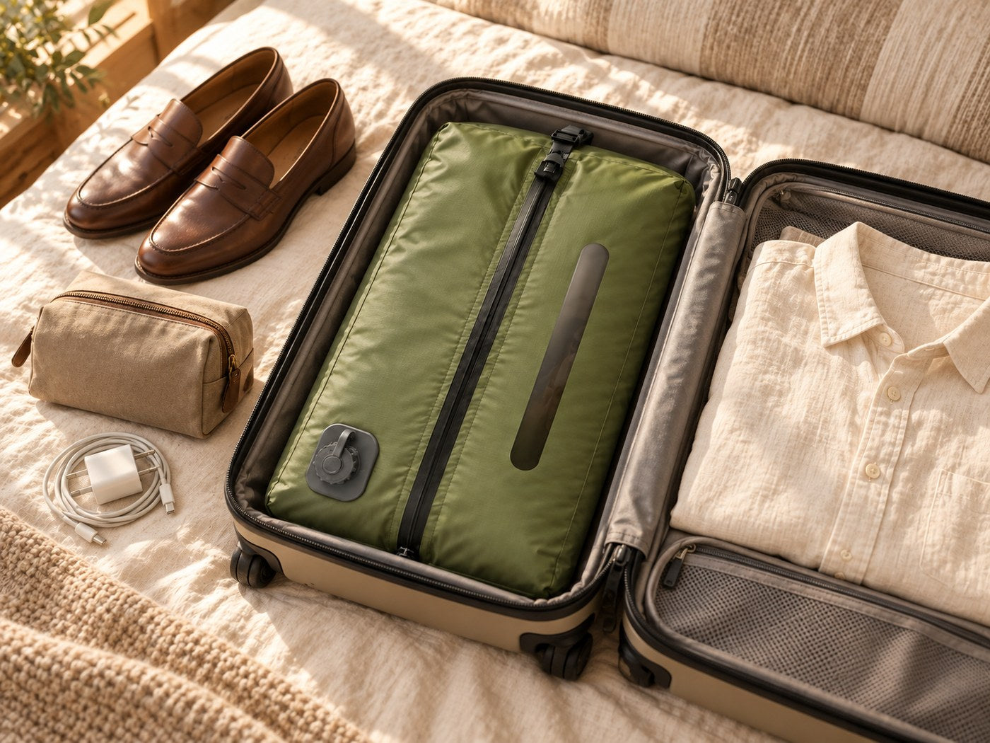 The compression bag pressed flat and empty